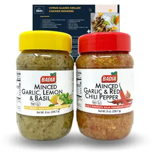 Badia Minced Garlic Duo: Lemon & Basil and Red Chili Pepper - 8 oz Jars, Flavorful Cooking Essentials - QBIN Recipe Card - Variety Pack of 2