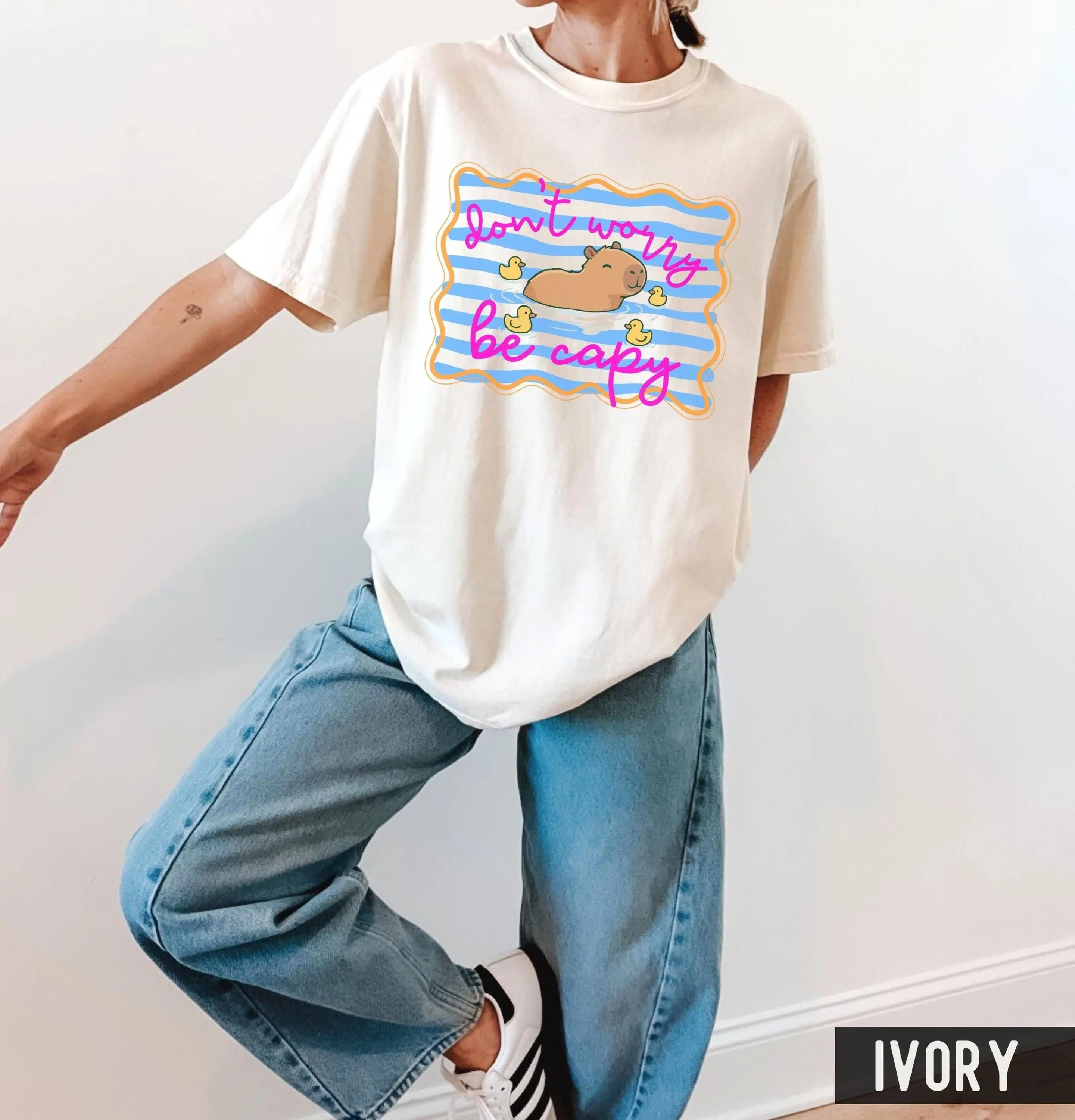 Don't Worry Be Capy Tshirt, Capybara Shirt, Trendy Stripes Capybara Lover Positivity Tee, Summer Shirt