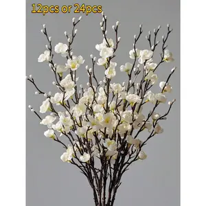 12/24Pcs Winter Artificial Flowers White Plum Silk Blossom 21.7'' Fake Wintersweet Long Stem Plastic Faux Flowers for Home Hotel Office Wedding Party Garden Centerpieces All Season Decor Fake Plant, Outdoor Fake Flowers (vase not included)