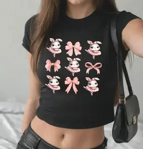 Cute Balletcore Bunny Baby Tee, Pink Bow Baby Tee, Bunny Shirt, Preppy Clothes Vanilla Girl, Soft Girl Aesthetic, Coquette Top, Y2k Clothing Gift for Her