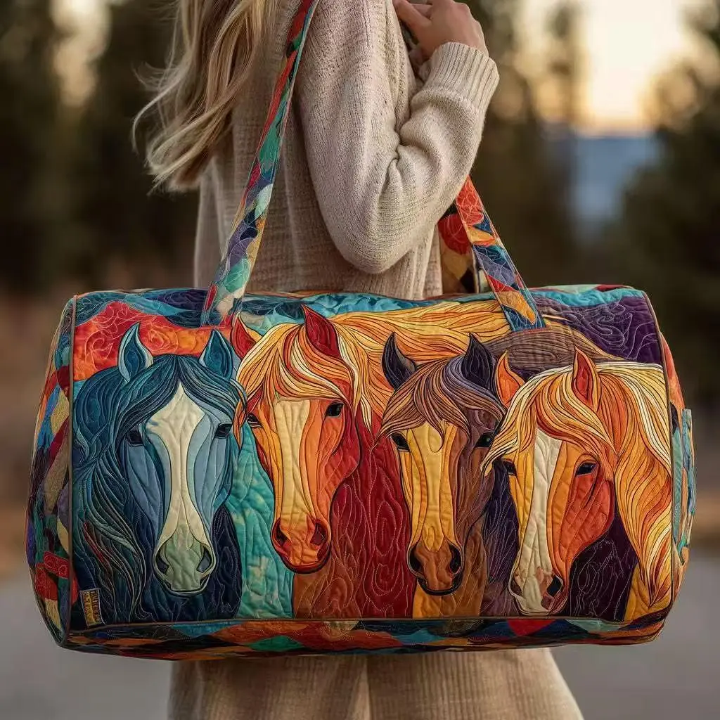 Quilted Tote Bag, Colorful Wild Horse Patchwork Print Polyester, for Women, Horse Lovers, Farm, Travel, Weekend Outdoor, Large Capacity Shoulder Handbag, Lightweight Reusable Sturdy
