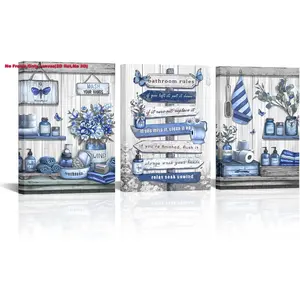 3pcs 2D flat Unframed wall decor,OuElegent Bathroom Wall Art Farmhouse Shabby Chic Design Modern Home Decor Canvas Navy Blue Wall Decor Rustic Bathroom Rules Paintings Bath Pictures for Washroom Wall Decor Unframed Art Print