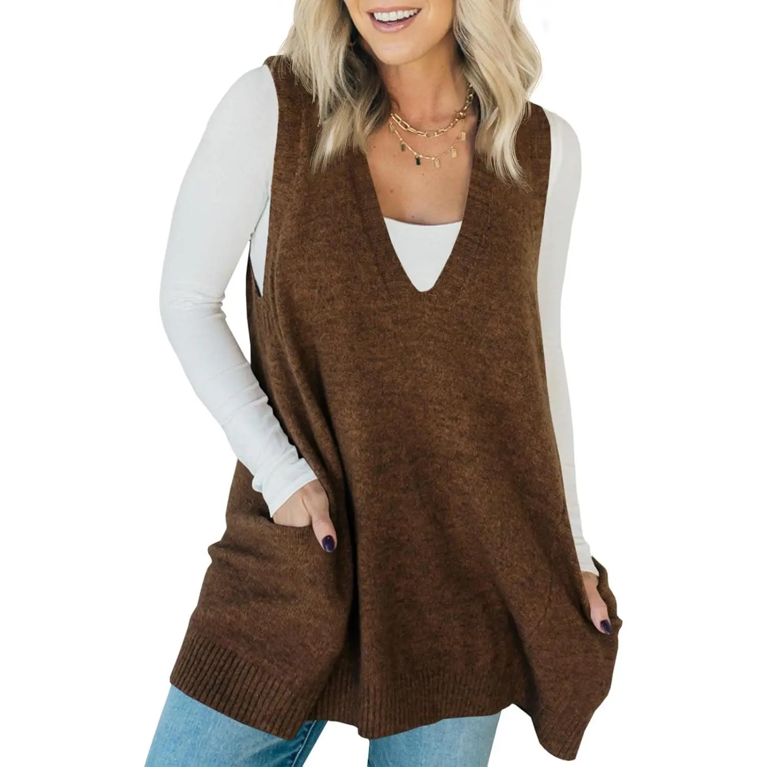 Imily Bela Womens Sleeveless Sweater Vest V Neck Loose Knit Casual A Line Flattering Tunic Top with Pockets