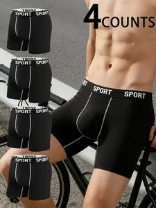 4 pcs Men's solid color long underwear With contour bands, Breathable quick drying elastic waistband sports pants, Suitable for daily wear and exercise fitness, Workout Underwear