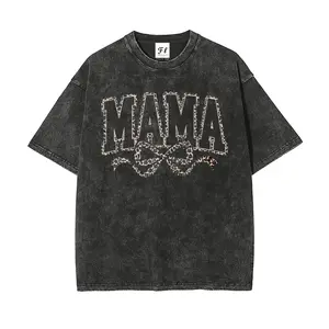 Vintage Acid Wash Oversized T-Shirt "MAMA" Leopard Bow Graphic Tee, 100% Cotton Heavyweight Streetwear Top, Retro Mineral Wash Loose Fit Short Sleeve for Women