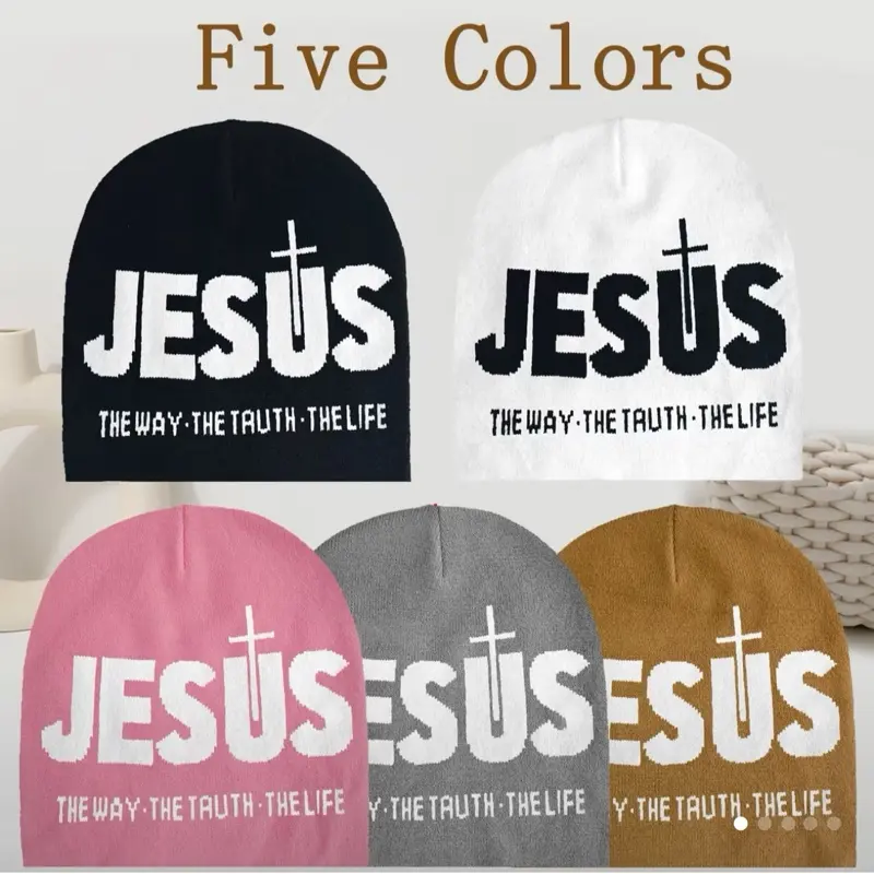 Jesus Acrylic Jacquard Knit Beanie Hat with Cross Design for Men and Women - Lightweight and Elastic Warm Headwear