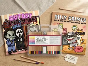 Cute but Creepy Coloring Set ️ Horror Parody & Silly Crimes Coloring Books + 30 Color Pencils