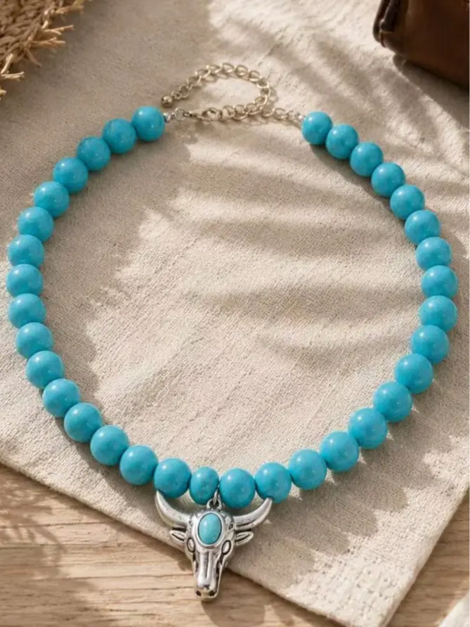 Boho Necklace for Women, Retro Bull Skull Pendant Adjustable Collar Jewelry