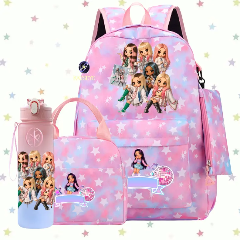 KATSEYE 4-Piece Backpack Set for Girls – Pastel pink schoolbag with a cute star pattern, including a lunch box, water bottle, and pencil case; a K-pop style back-to-school gift. Custom name and image printing available.