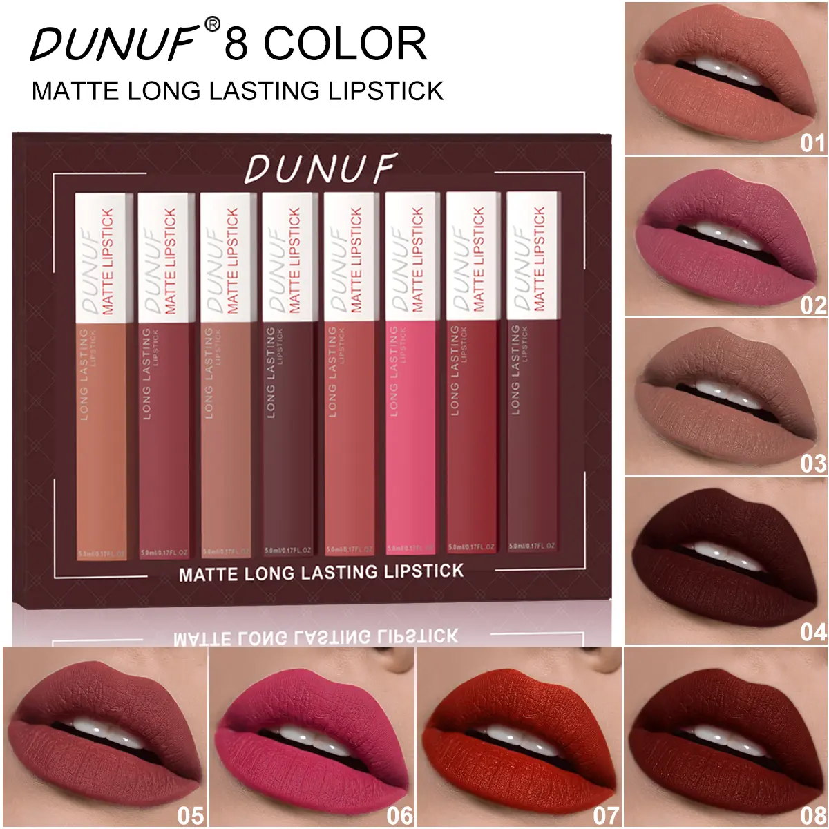 DUNUF 8 Shades Matte Liquid Lipstick Set, Long Lasting Transfer Proof Non-Drying Velvet Lip Gloss, Nude Red Brown Neutral Lip Makeup Kit, Viral TikTok Lip Cosmetic Gift Set for Women Daily & Party Wear