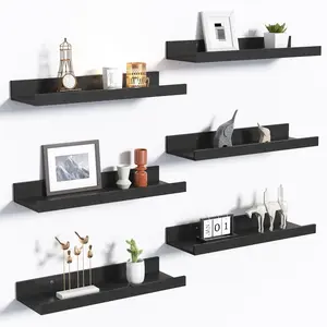 Floating Shelves for Wall Set of 6, Wall Mounted Wood Shelves for Decor and Storage, Black Picture Ledge Shelf for Bedroom Living Room Bathroom Kitchen, Modern Rustic Display Shelves for Books Frames Plants