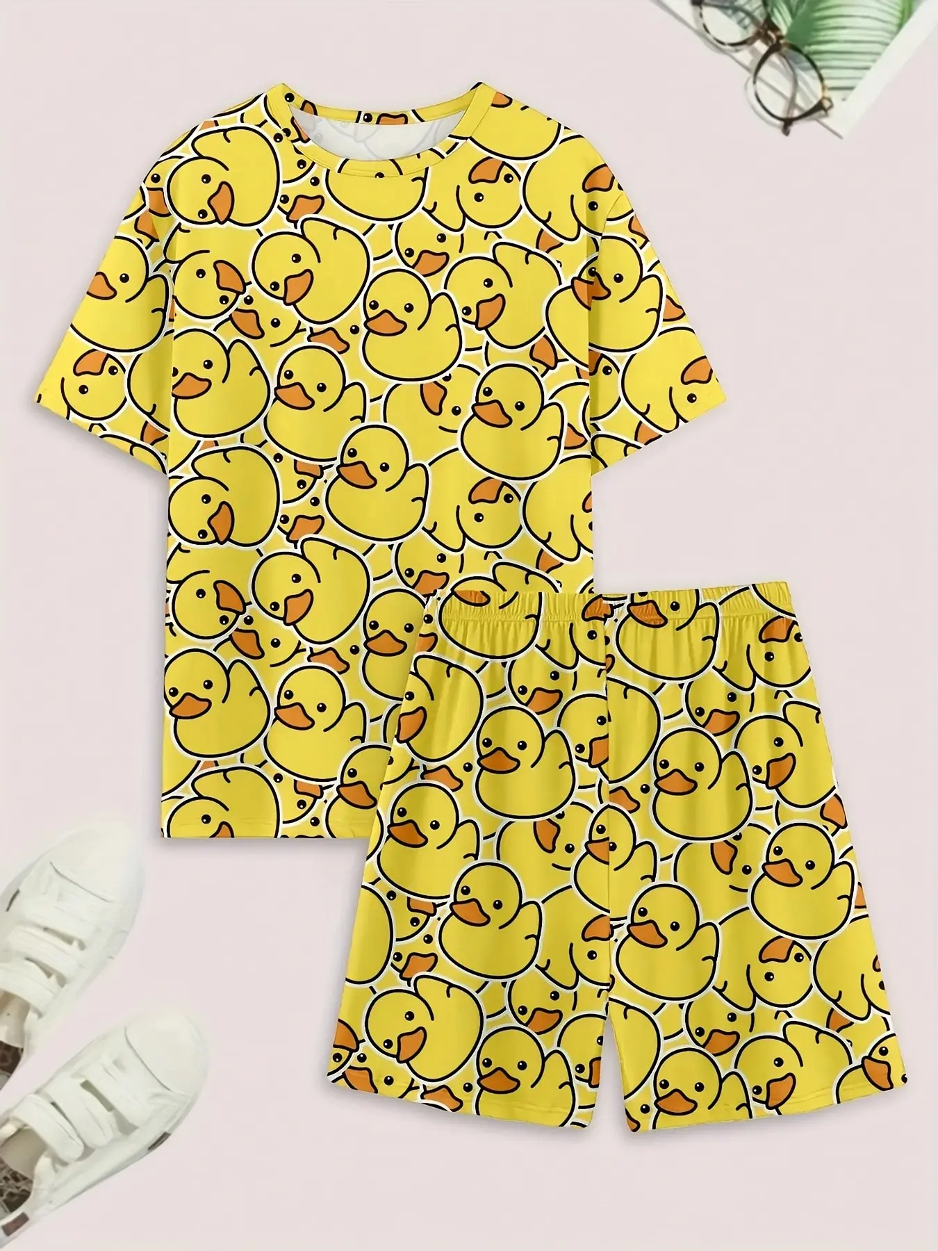 Men's Casual Plaid Sleepwear Set, Loungewear Pajama, Comfortable Polyester and Spandex Blend, Round Neck T-Shirt, Duck Print Shorts, Spring/summer/autumn