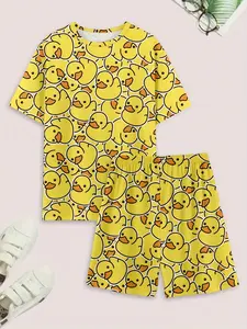 Men's Casual Plaid Sleepwear Set, Loungewear Pajama, Comfortable Polyester and Spandex Blend, Round Neck T-Shirt, Duck Print Shorts, Spring/summer/autumn