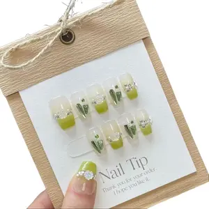 Y28 Mint Iced Tea French Green Camellia Short Removable Press on Nail - Elegant Design for Versatile Use party press