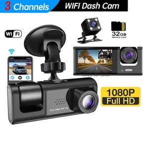 WiFi 3 Camera Car DVR Three Way Dash Cam Inside Vehicle Channel DVRs Recorder FHD 1080P Video Mini Registrator Dashcam Camcorder with 32G Card Included
