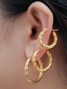 3 Pair Vintage Women's Twist Ring Earrings, 18k Gold Plated Stainless Steel, Stackable Round Party Jewelry, Elegant Daily Gift Set