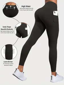 High Waist Pocket Women's Sporty Tight Pants, Solid Color Versatile Fitness Base Layer Yoga Pants, Comfortable Workout Leggings, Gym Fitness Leggings