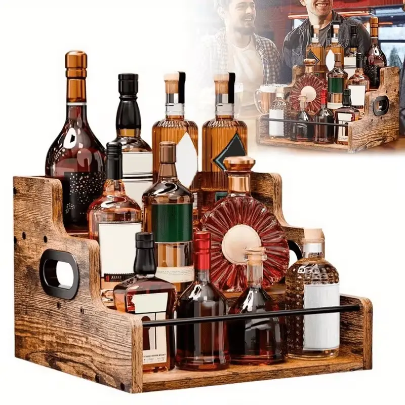 3-Tier Vintage Rustic Wooden Wine Rack - Space-Saving Home Organizer with Safety Rail & Handles, Kitchen Finds Countertop Storage for Liquor, Whiskey, Bourbon, Spirits, Bathroom Organization, Get Organized Home Accessory