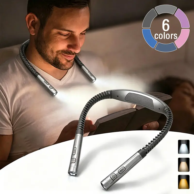 1 LED flexible neck-hanging reading light, bendable, USB rechargeable design, evening reading lamp with 3 color options and 5 brightness levels, durable and multifunctional, suitable for reading, work, running, knitting, repairs, and more.
