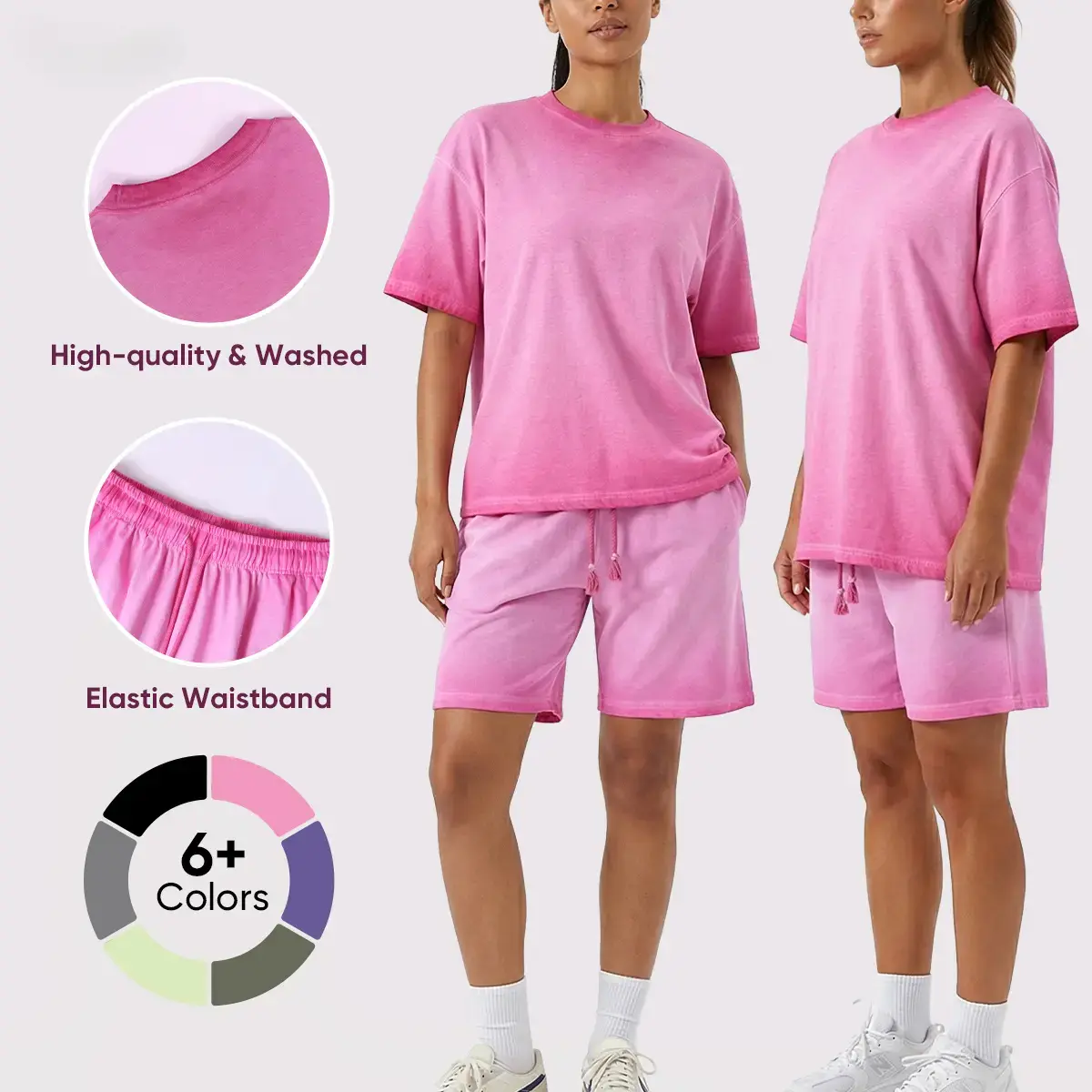 Vintage Washed TShirt and Shorts Sold Separately Unisex Summer Washed Cotton Dirty Washed Trendy Gradient Color Men's and Women's Outfits, Short-sleeved Tops Paired with Shorts 7" Inseam