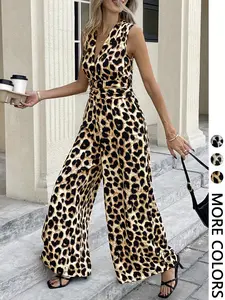 Women's Leopard Print Jumpsuit, Casual Sleeveless Wide Leg Jumpsuit for Daily Wear, Ladies Clothes for All Seasons