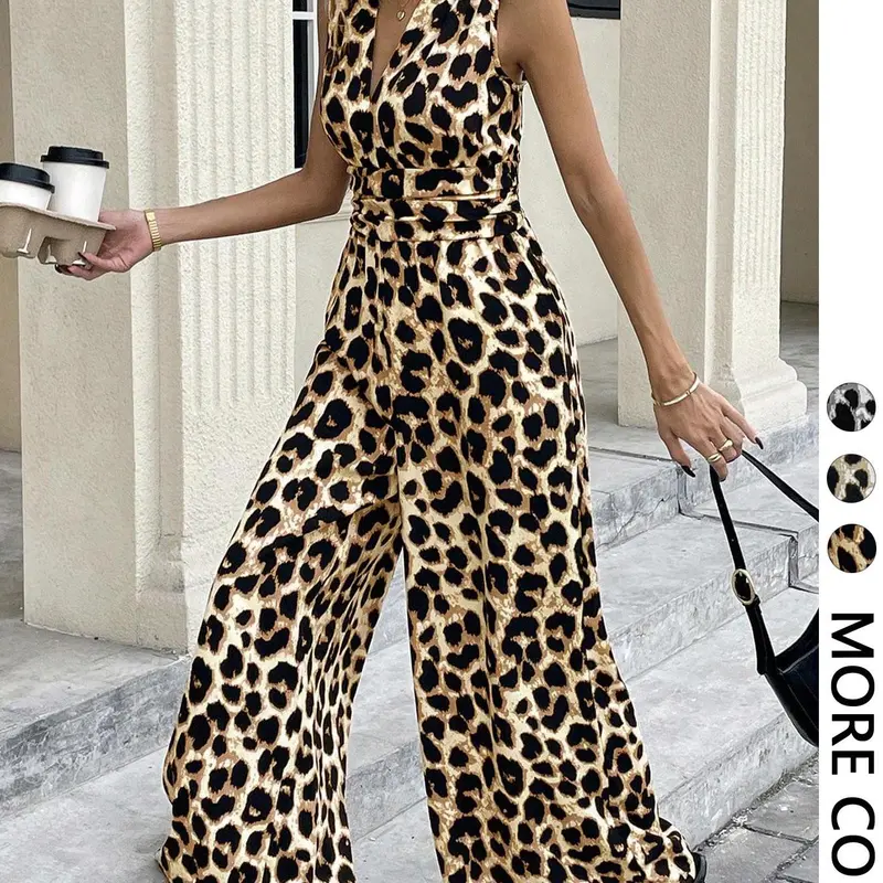 Women's Deep V Neck Sexy Casual Commuter Ruched Elastic Waist Leopard Print Sleeveless Jumpsuit, Slim-Fitting All-Seasons Rompers Jumpsuits