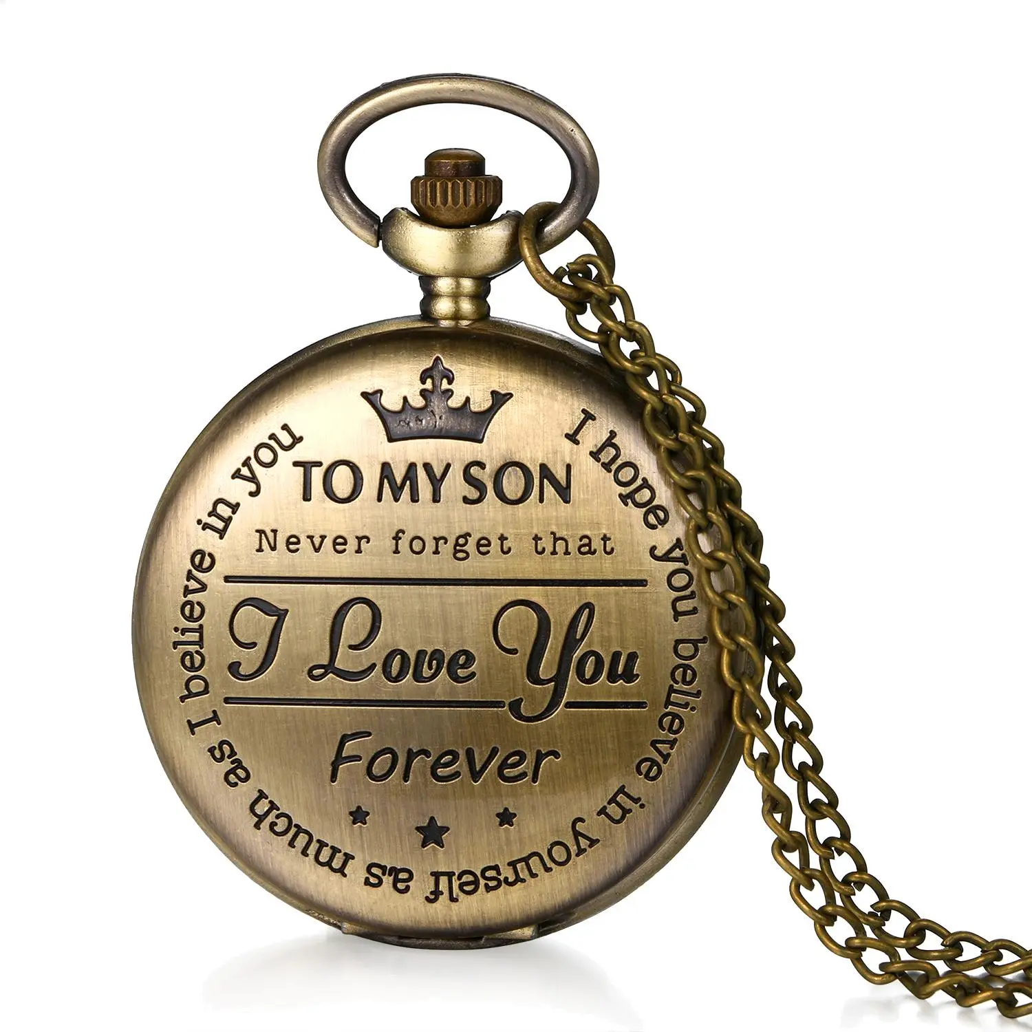 OIDEA "I Love You Forever" Engraved Metal Heirloom Vintage-Inspired Letter Engraving Pocket & Fob Watch for Son, Antique Bronze Quartz Necklace Watch, Velvet Pouch Gift, Engraved Metal Pocket & Fob Watches, Heirloom Vintage-Inspired Pocket & Fob Watches