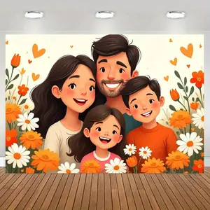 1pc Super Large Cartoon Backdrop Banner - Multi-Size, Durable Polyester Photo Wall & Photo Booth Decoration, Vibrant Family Design with Hearts & Flowers, Indoor/Outdoor Use for Father's Day, Birthdays