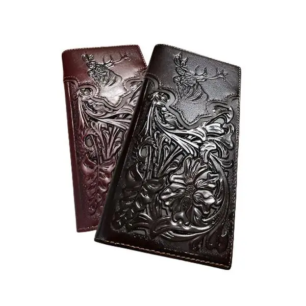 Leather Long Wallet Floral Embossed Deer Buck Bi Fold Hand Crafted Mens Wallets Premium Full-Grain Leather Western Symbols Handcrafted Excellence