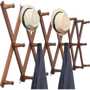 Accordion Wall Hanger,Expandable Wooden Coat Rack Wall Mounted,Accordion Hat Rack for Wall,Accordion Hook Rack for Hats,Caps,20 Peg Hooks,Walnut Color