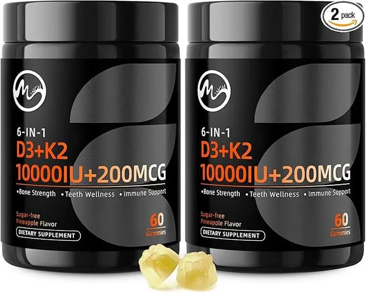M inch Vitamin D3 K2 Gummies, Vitamin D3 10000IU, K2 (MK-7) 200mcg, 6-in-1 Vitamina D3 con K2 Supplement with Omega-3 for Women and Men - Bones, Teeth & Immune Support, Sugar Free, 2 Pack
