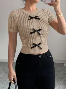 Women's Knitted Sweater, Summer Women's Clothing, Hollow Out Bow Design, Casual Daily Commute Wear, Elegant Style