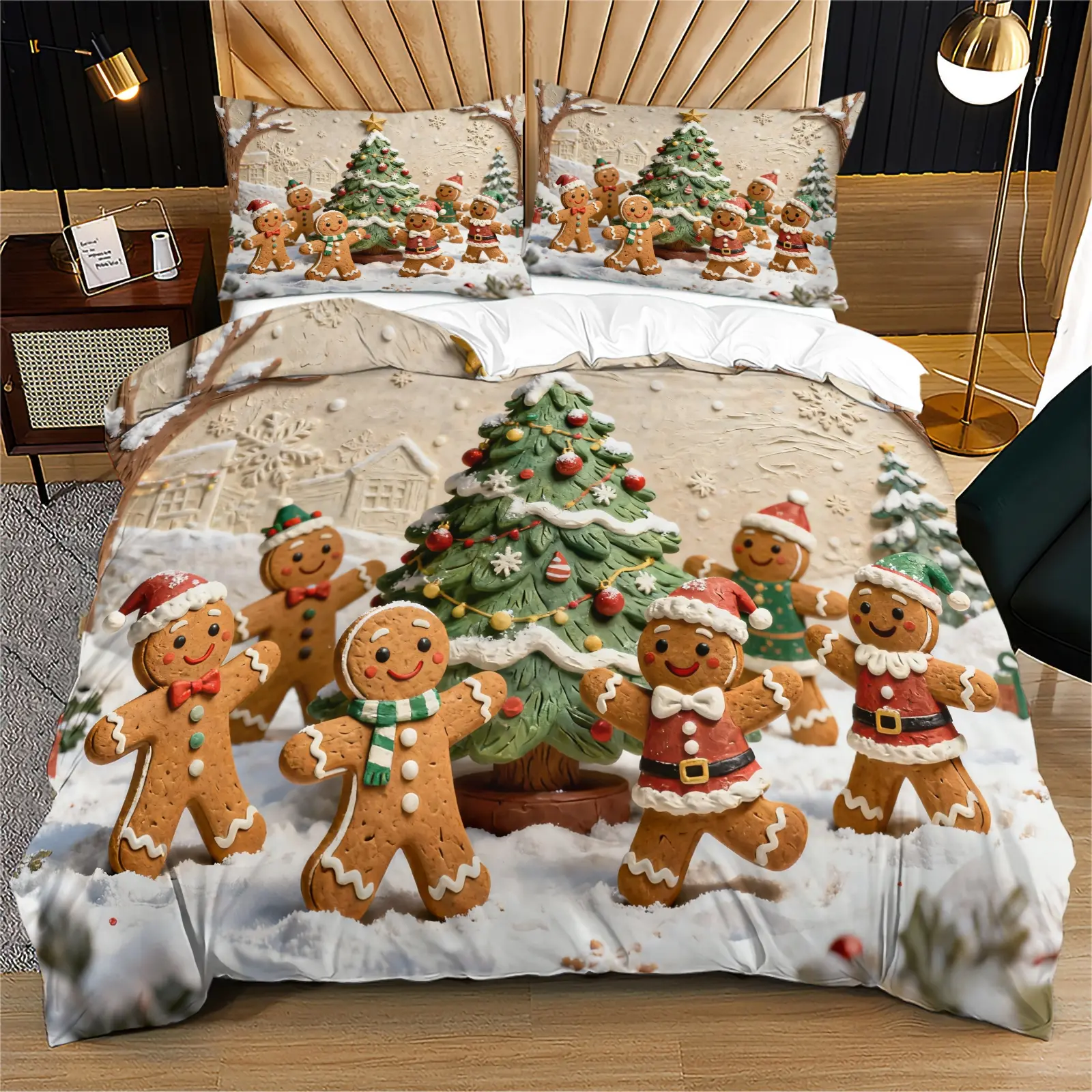 Christmas gingerbread man pattern does not carry cotton, soft and durable bed quilt cover set, including 1 quilt cover and 1 or 2 pillowcases, does not include quilt core and pillow core, suitable as a Christmas gift