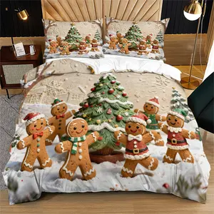 Christmas gingerbread man pattern does not carry cotton, soft and durable bed quilt cover set, including 1 quilt cover and 1 or 2 pillowcases, does not include quilt core and pillow core, suitable as a Christmas gift