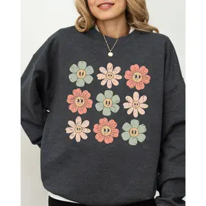 Retro Flowers, Checkered, Daisies, Hippie, Cute, Positivity Sweatshirt, Women's Crew Neck, Crewneck