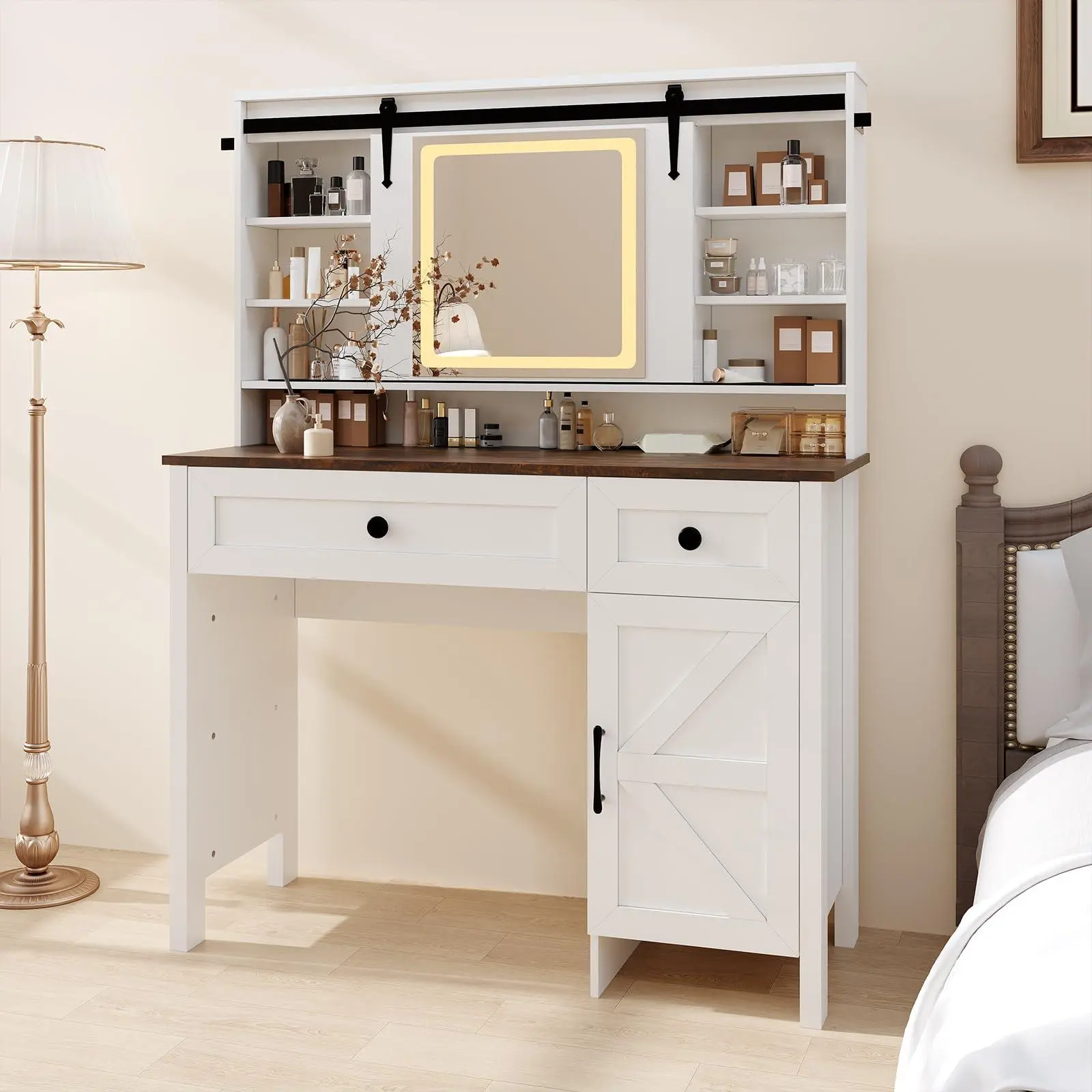 White Makeup Vanity Desk with LED Lighted Mirror, Power Outlet, 3 Drawers, Cabinet, Storage Stool & Shelves for Bedroom, Makeup Table, With Shelves