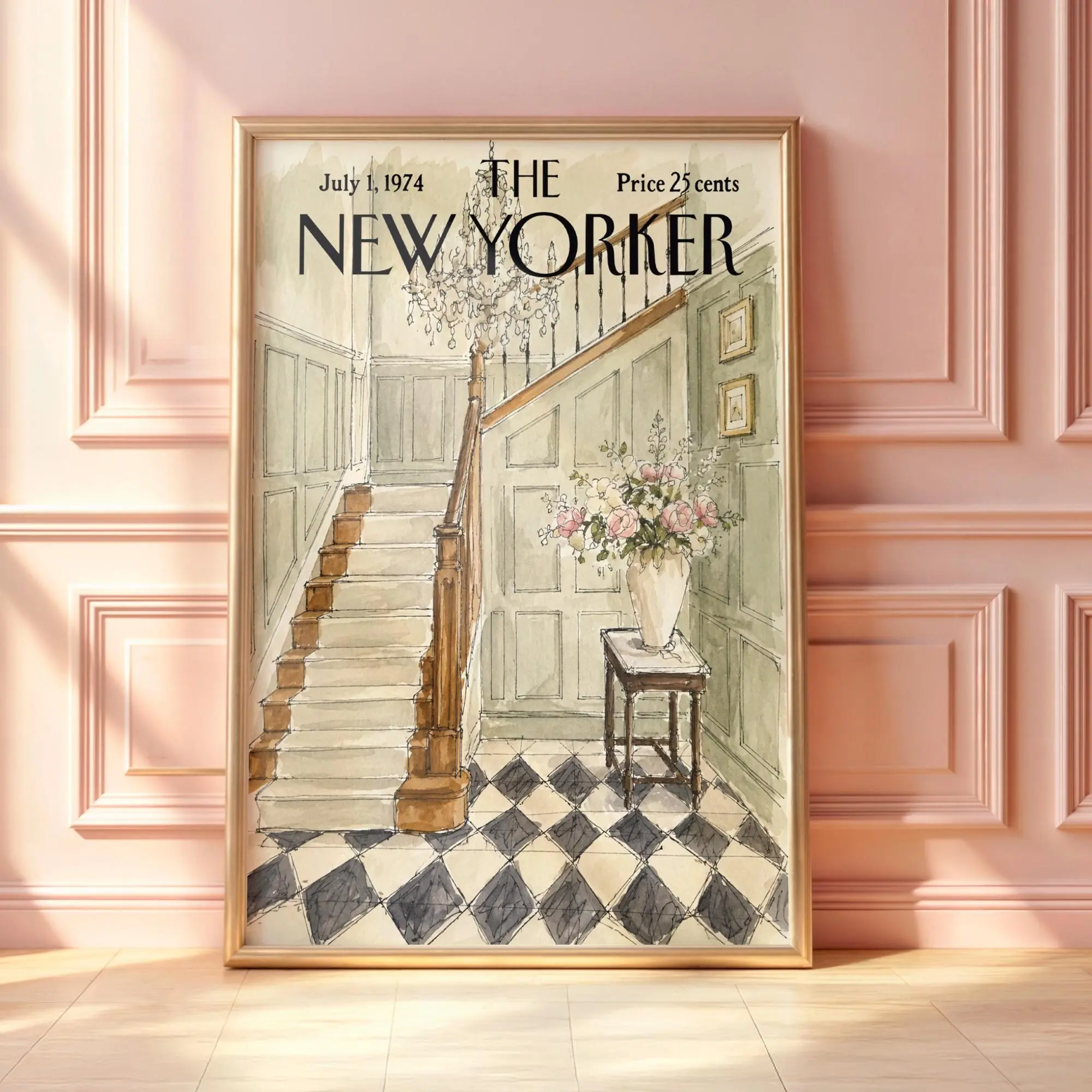 Vintage New Yorker Grand Foyer Poster, French Country Entryway Wall Art, Elegant Staircase Print, Classic Home Decor, Magazine Cover