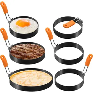 6 count Egg Ring Pancake Ring Set Stainless Steel Fried Egg Molds Griddle Pancake Shapers with  Handle for Breakfast Omelette Sandwich (Round Style,4, 6, 8 Inch)