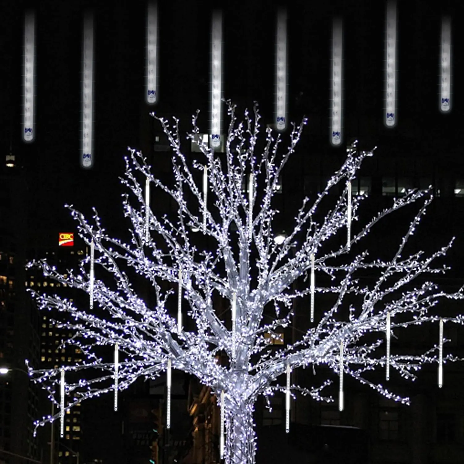 Fall Halloween Gift 12 Inch Meteor Shower Lights - 8 Tubes, 288 LED Outdoor Christmas Lights – Connectable White Raindrop Falling Lights
