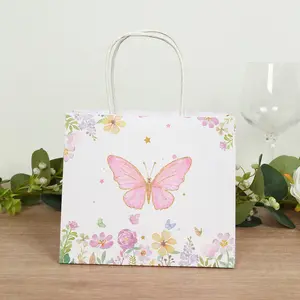 12 Pack Pink Glitter Butterfly Paper Favor Bags with Handles, Floral Print White Goodie Gift Bags - 6"x7"
