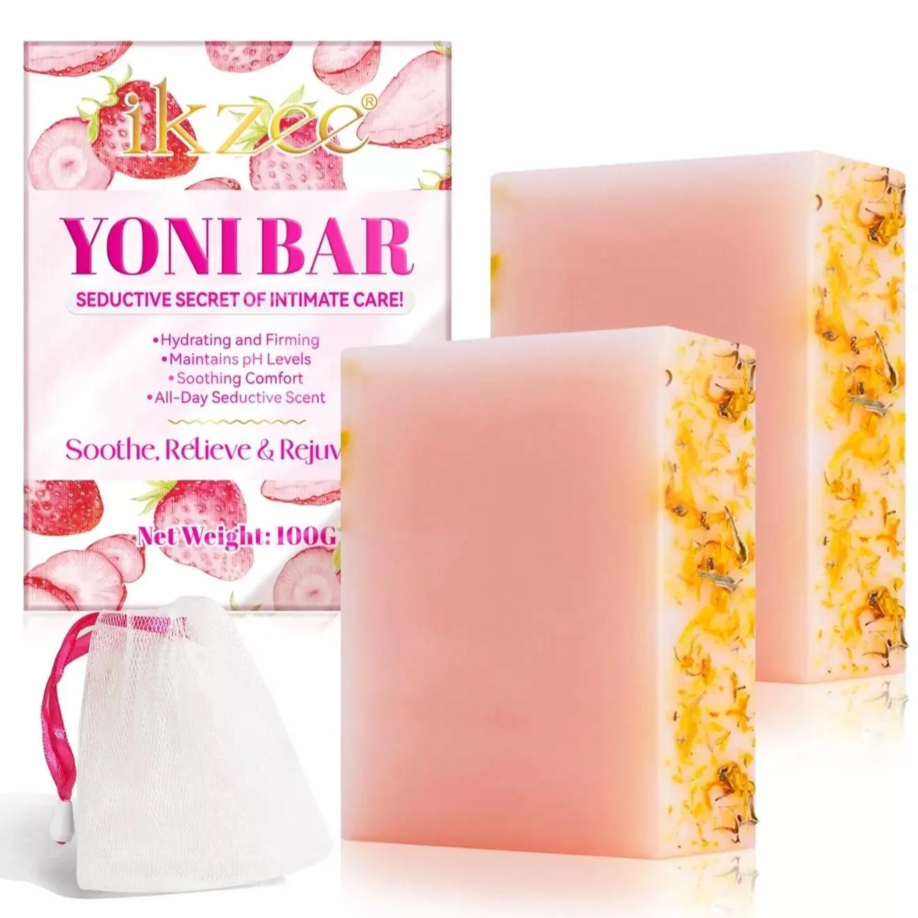 2 Pack Yoni Soap Bars for Women | pH Balanced Feminine Cleansing Bar | Natural V Wash Soap with Bubble Foam Net | Pink, 100g Each