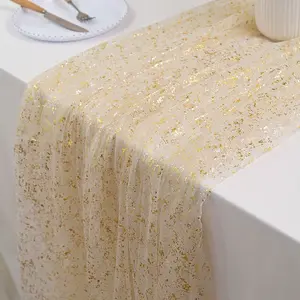 Square Tablecloth and Runner Set, Holiday Banquet Decoration, Wedding Birthday Party Table Decor, Gold Foil Silver Color Mesh Cloth, Gold Foil Accents
