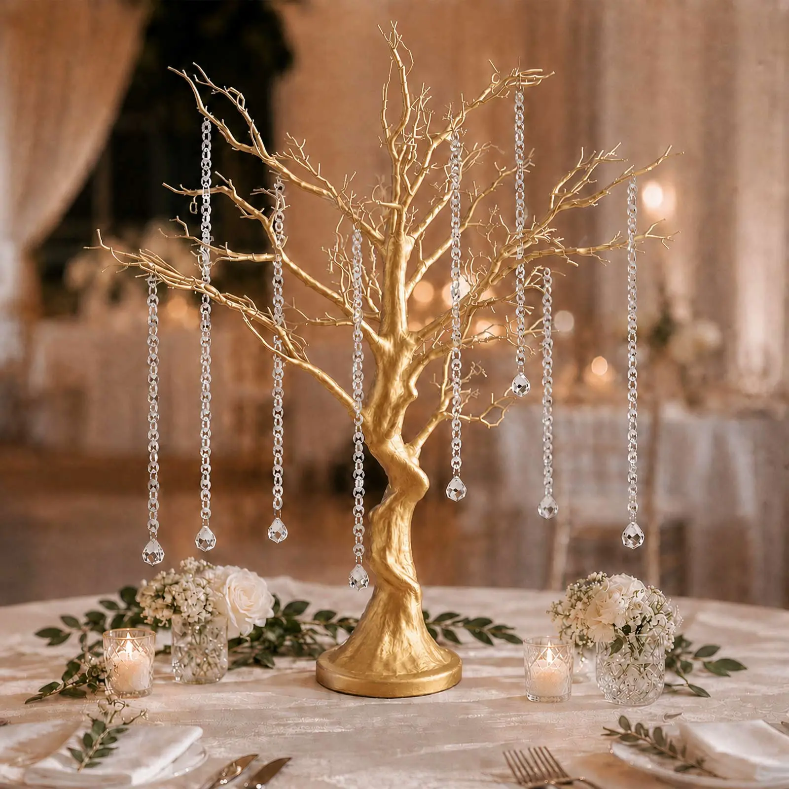 34" Metallic Gold Manzanita Tree Centerpiece with 8 Acrylic Bead Chains - Easy-Assembly Decorative Artificial Tree for Modern Weddings & Parties, Decorative Accents, Decorative Accents Artificial Trees
