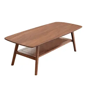 Walnut Solid Oak Wood Coffee Table, 39.4*19.7*17.3 Inch Rectangular Low Center Table with Storage Shelf, Rounded Corner Eco-Friendly Wooden Desk, Easy Assembly Dual Tier Study Table for Living Room Home Office