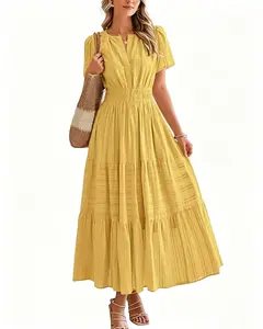 Viral Wendy Yellow Tiered Dress Women's Casual V-Neck Short Sleeve A-Line Summer Dress with Pockets Slimming Fit All-Day Comfort Versatile Styling Options