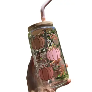 16oz Glass Cup with Pumpkin Spice Design - Perfect for Drinks - Tumblers, Drinkware tiktok shop halloween friend gift iced coffee glass tumbler libbey glass woman drinkware coffee cup fall cup straw christmas glass coffee glass washable tumbler