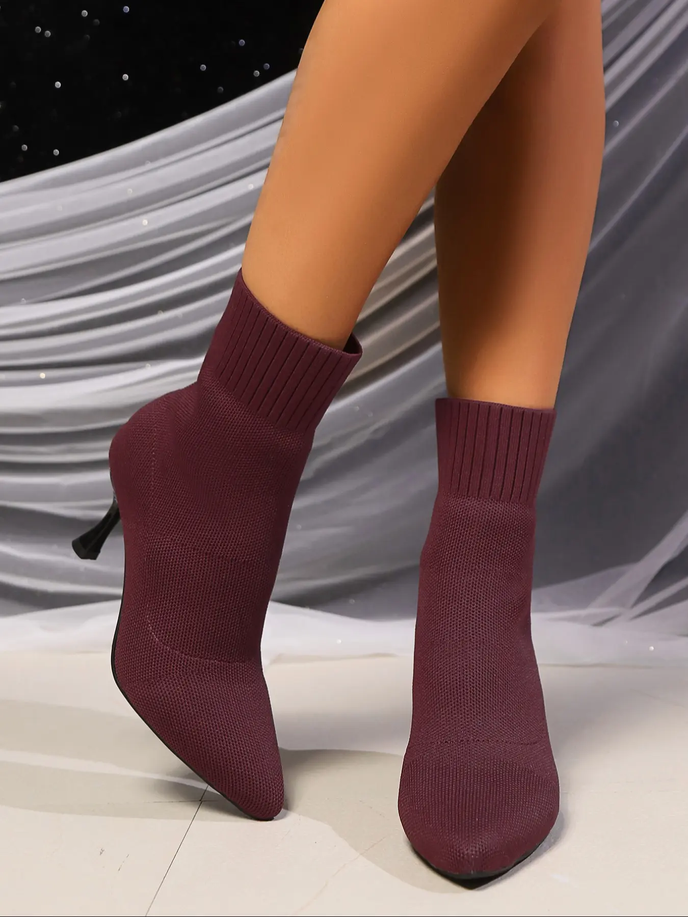 Women's Stretchy Ankle Boots, Autumn Winter Fashion Pointed Toe Knitted Mid-Calf High Heels, Stiletto Heeled Boots, Casual Style Shoes