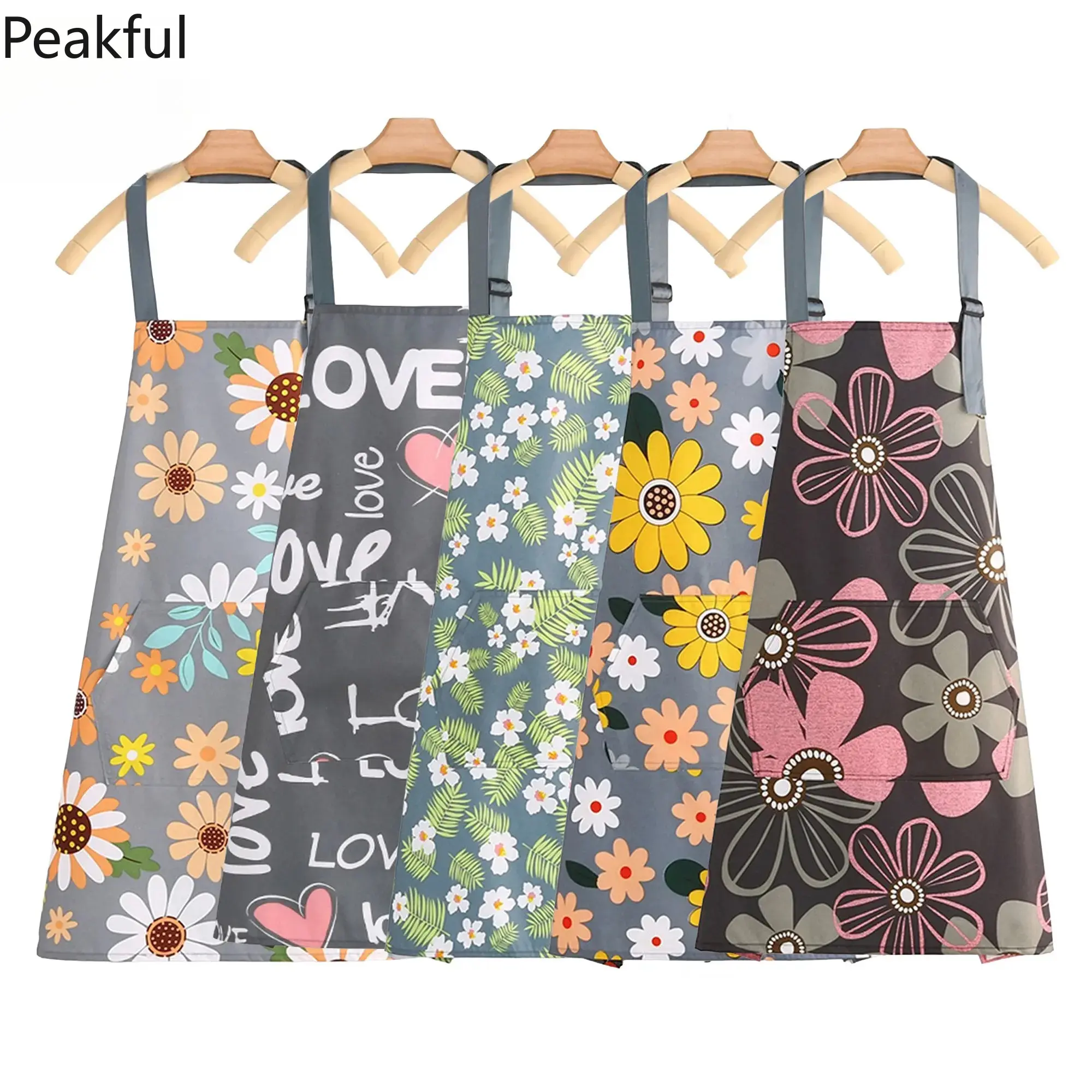 5 Pack Floral Waterproof Aprons, Trending Adjustable Cooking Work Apron, Practical Pocket Design Kitchen Gardening Wear, stain resistant fabric & comfy shoulder strap, suitable for home cooking, garden trimming and salon daily service work