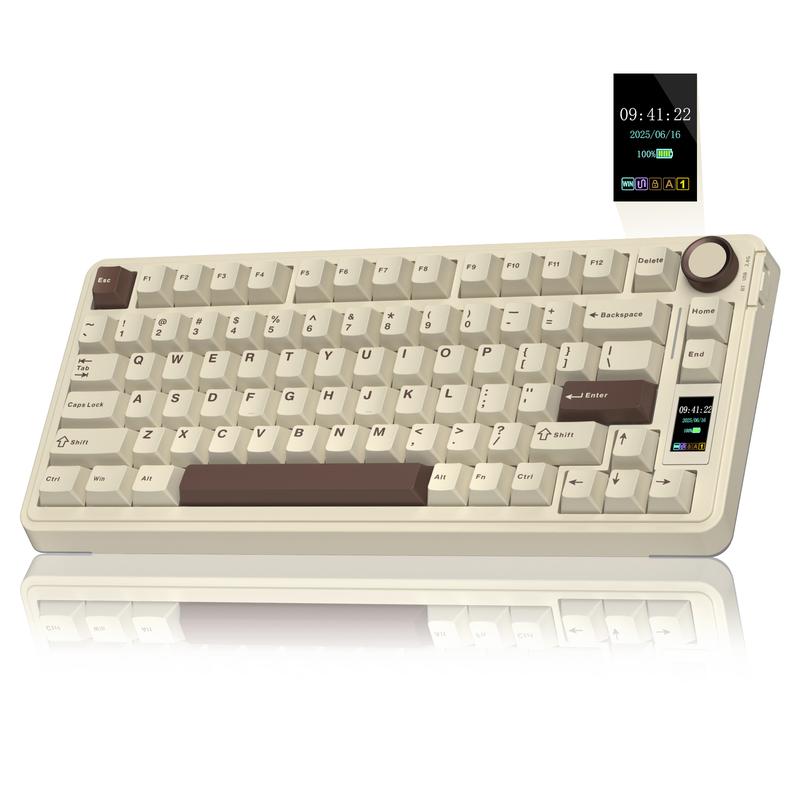 AULA S75 Pro 75% Wireless Mechanical Gaming Keyboard Tri-Mode Connection(Bluetooth/2.4G/Wired) Hot-Swappable Custom LCD Screen & Multifunction Knob RGB Backlight Long Battery Life (Cream Latte) PC Gaming Accessories Computer Creamy keyboards
