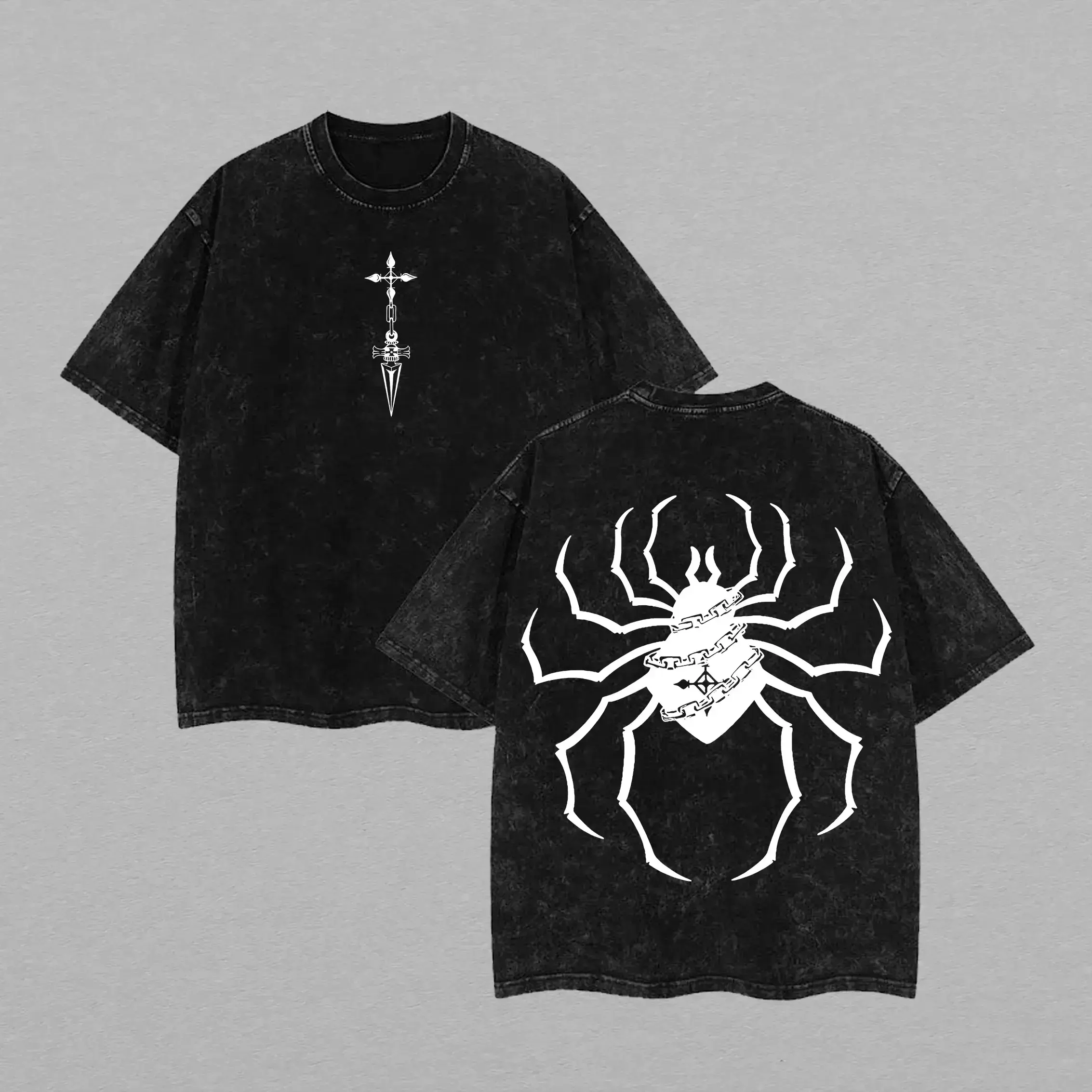 Men's Ribbed Soft 230g Vintage Washed Heavyweight Cotton Unisex Oversized Streetwear T-Shirt, Classic Seamless Apparel with Spider, Skull and Dagger Designs
